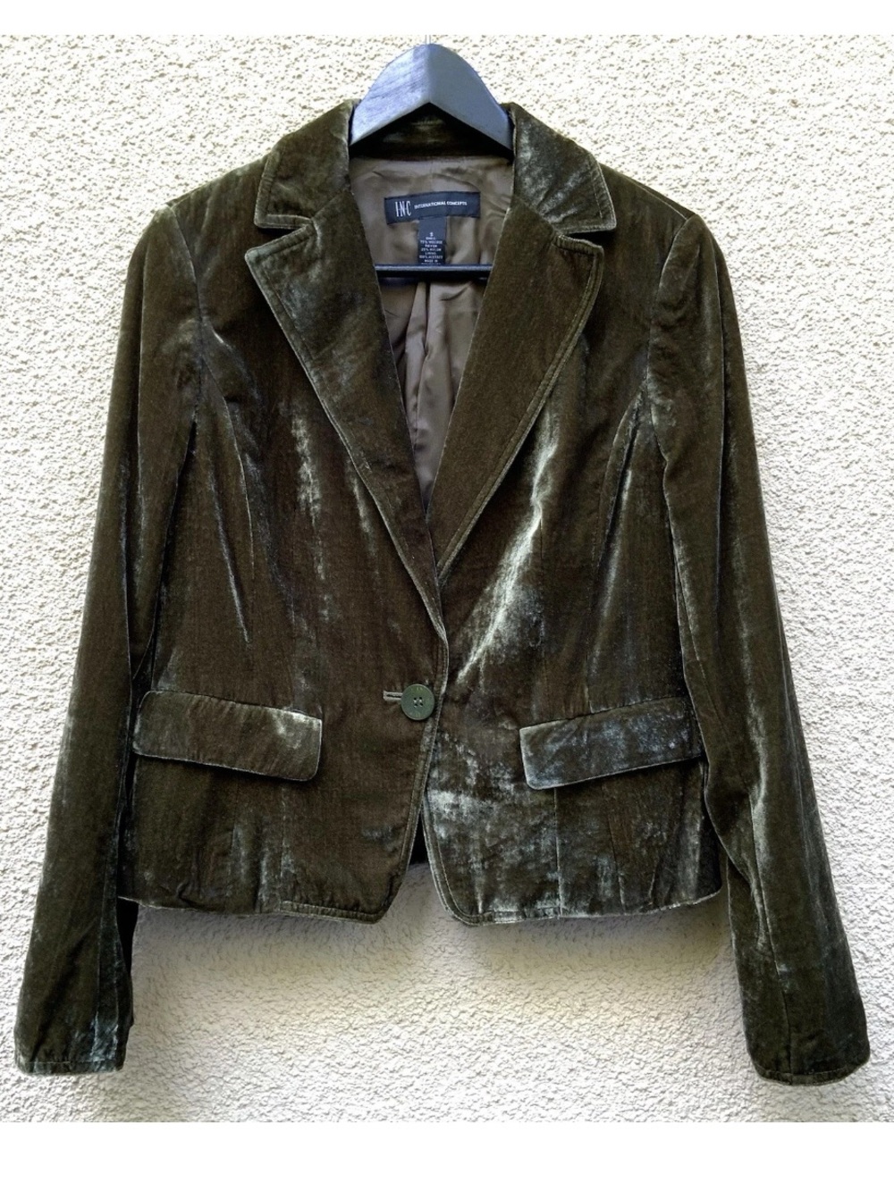 Vintage INC Olive Green Velvet Cropped Blazer Jacket Size S Whimsygoth Dark Acad